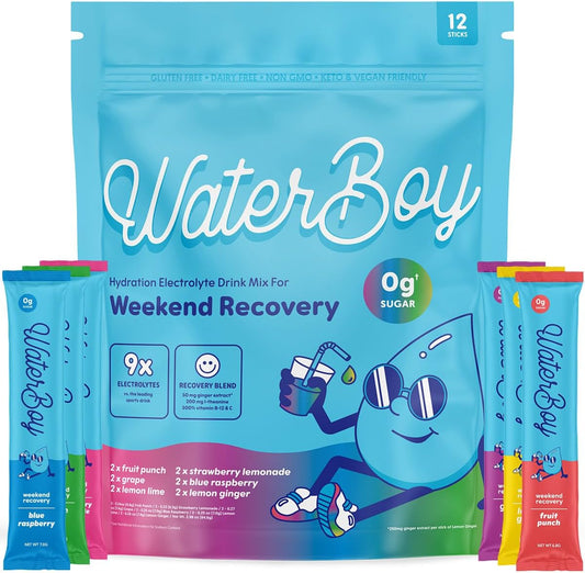 Natural Electrolyte Powder Sample Pack with Ginger, L-Theanine, and Vitamins - 12 Drink Stick Mixes - Gluten Free and Sugar Free - Waterboy Weekend Recovery