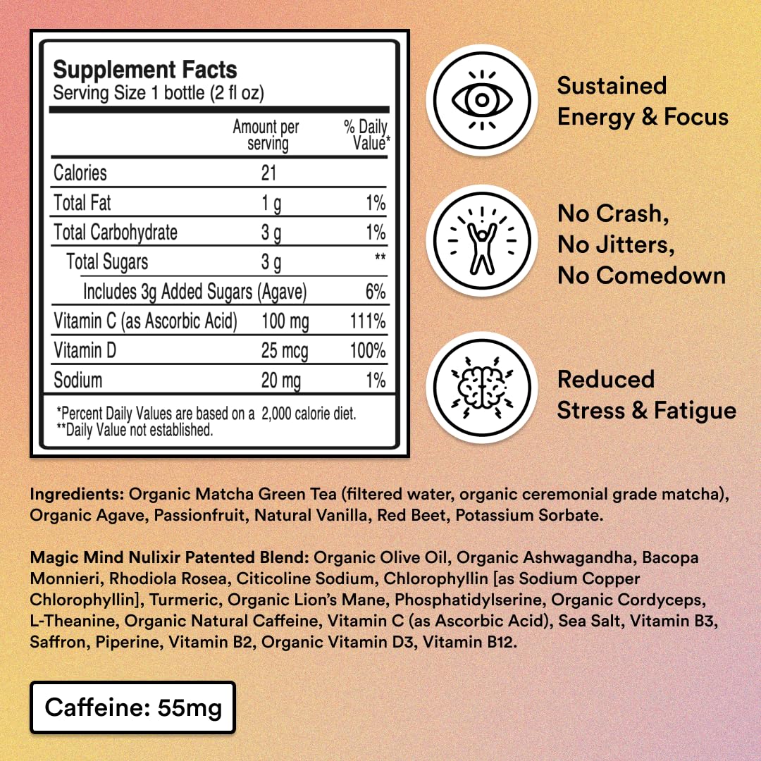 Natural Energy Boost Shots with Ashwagandha, Functional Mushrooms, Matcha Green Tea, Vitamin B12 & C - Stress Relief, No Jitters - 30 Pack, 2 FL Oz