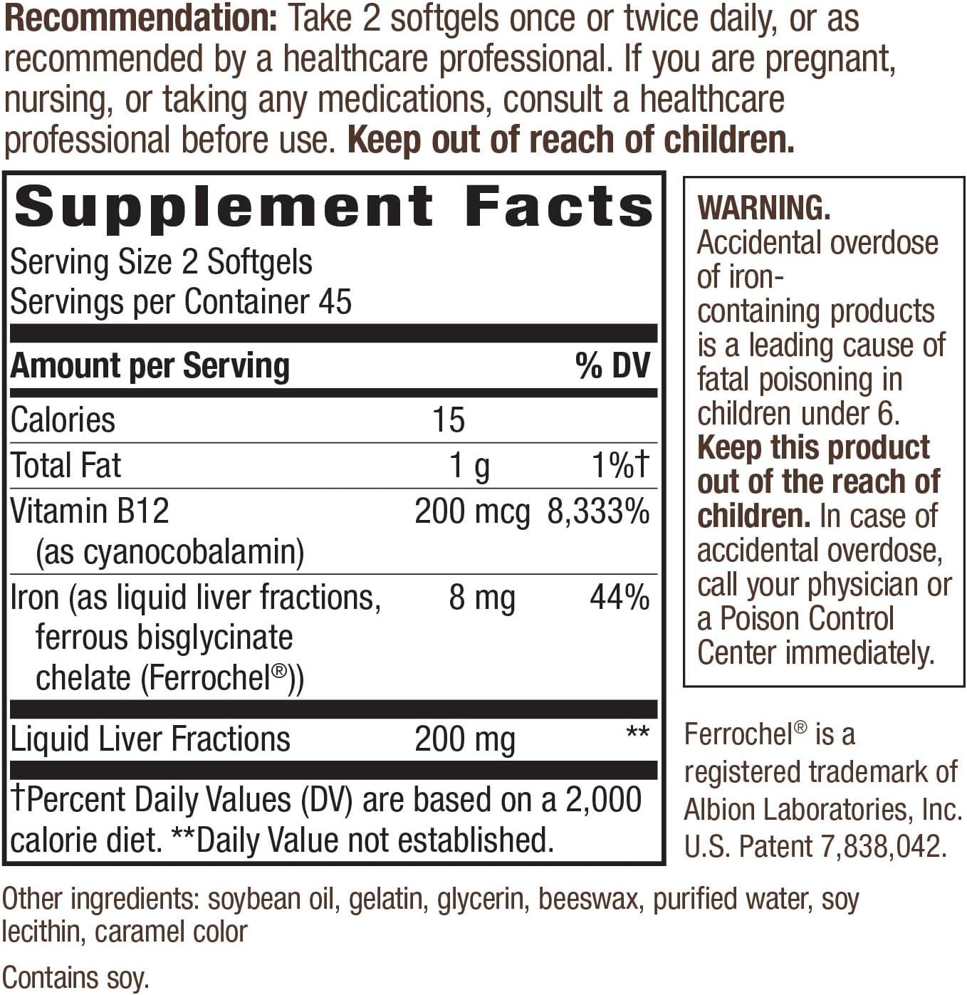 Natural Energy Boost with Iron & B12 - Supports Red Blood Cells - 8 mg Iron, 200 mcg Cyanocobalamin - Gluten Free - 90 Softgels