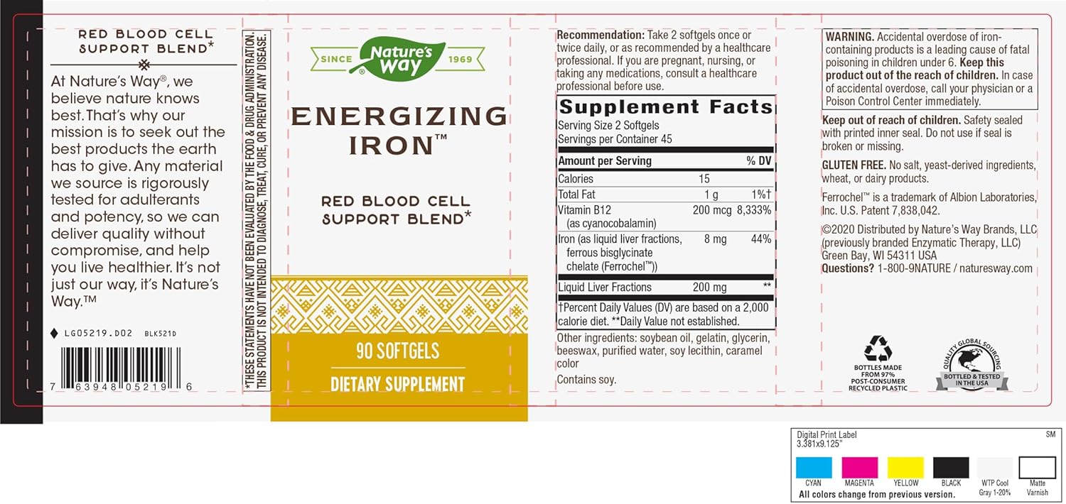 Natural Energy Boost with Iron & B12 - Supports Red Blood Cells - 8 mg Iron, 200 mcg Cyanocobalamin - Gluten Free - 90 Softgels