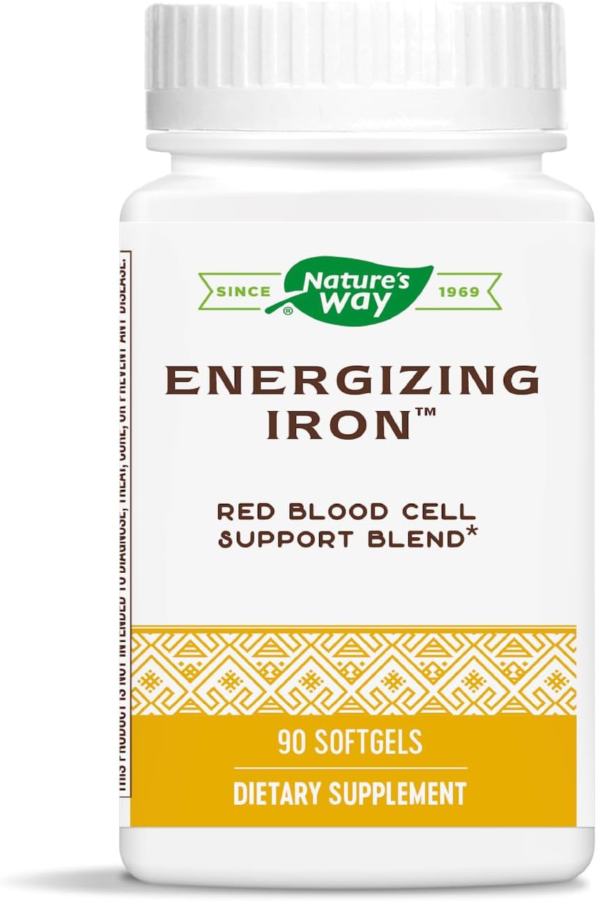 Natural Energy Boost with Iron & B12 - Supports Red Blood Cells - 8 mg Iron, 200 mcg Cyanocobalamin - Gluten Free - 90 Softgels