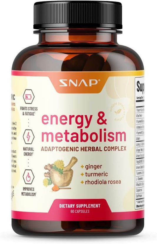 Natural Energy Boosting Supplements for Women and Men - Metabolism Support, Stress Relief, Mood Enhancement - Ginger, Turmeric, Rhodiola Rosea - 60 Capsules