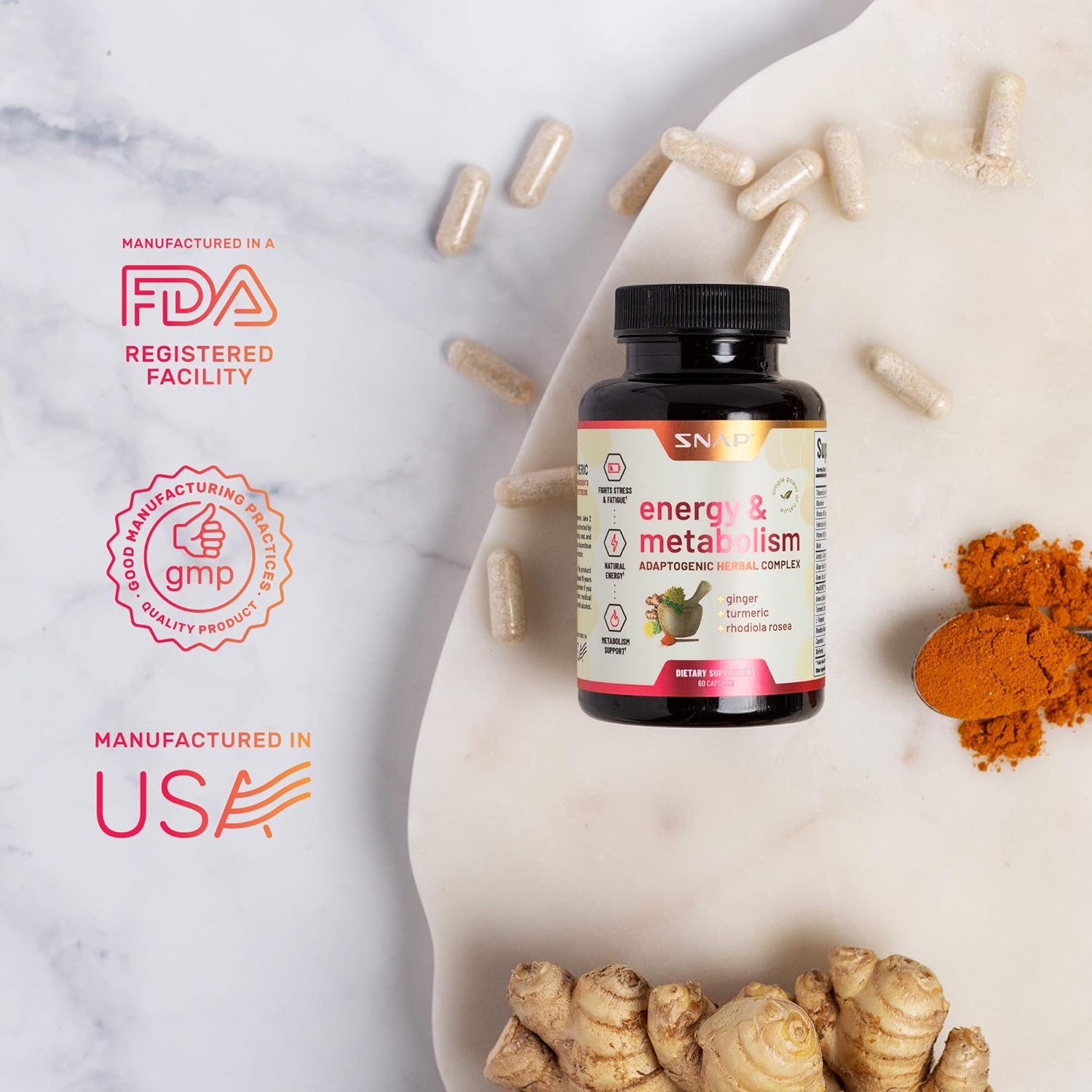 Natural Energy Boosting Supplements for Women and Men - Metabolism Support, Stress Relief, Mood Enhancement - Ginger, Turmeric, Rhodiola Rosea - 60 Capsules