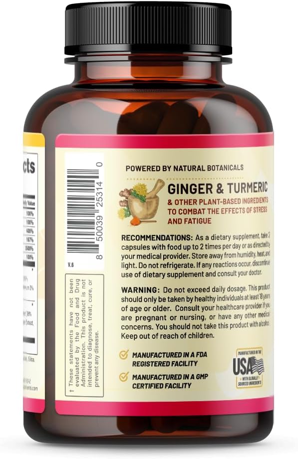 Natural Energy Boosting Supplements for Women and Men - Metabolism Support, Stress Relief, Mood Enhancement - Ginger, Turmeric, Rhodiola Rosea - 60 Capsules