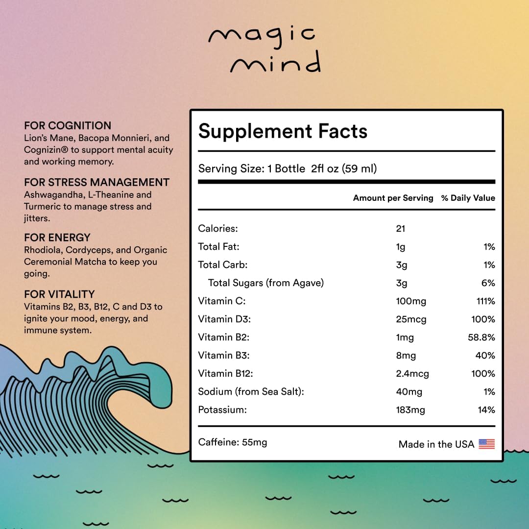 Natural Energy Drink Shots with Stress-Relieving Ingredients - Ashwagandha, Vitamin B12, Matcha Green Tea, Functional Mushrooms - 2 FL Oz (15 Pack)