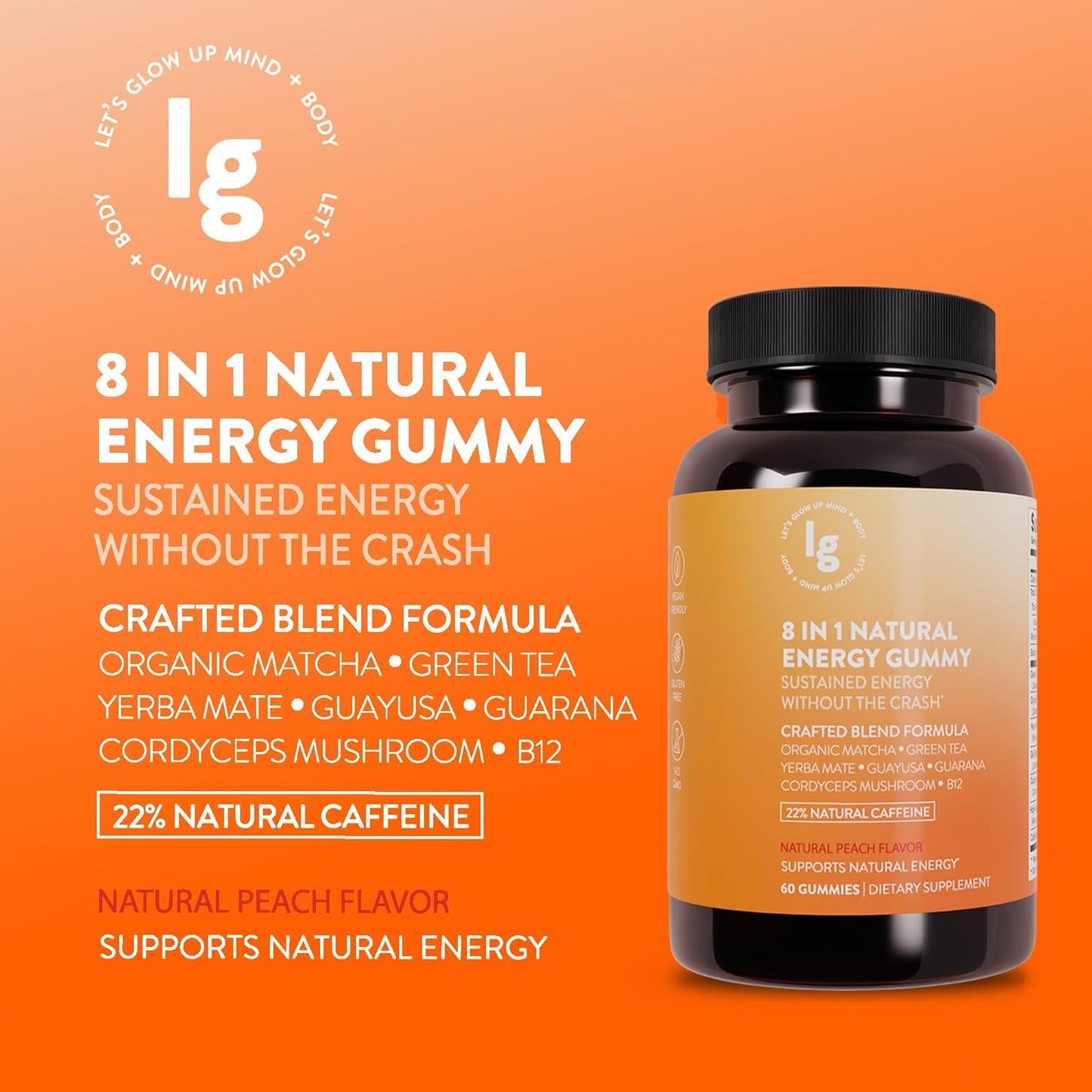 Natural Energy Gummies with Vitamin B12, Sleep Aid, Women's Multivitamin - Peach Flavor - 60 Count