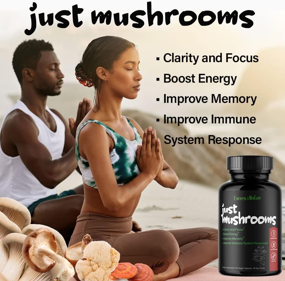 Natural Energy Mushroom Blend - Lion's Mane, Turkey Tail, Cordyceps, Reishi - Nootropic Brain Supplement - Boost Clarity & Focus - Immune Support