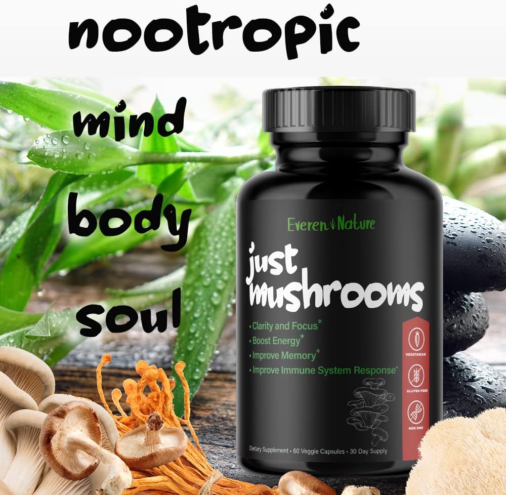 Natural Energy Mushroom Blend - Lion's Mane, Turkey Tail, Cordyceps, Reishi - Nootropic Brain Supplement - Boost Clarity & Focus - Immune Support