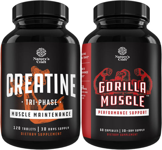 Natural Energy Supplement Bundle: Tri Phase Creatine Pills & Test Booster for Men - Muscle Mass Gainer with Creatine HCL Pyruvate & Horny Goat Weed