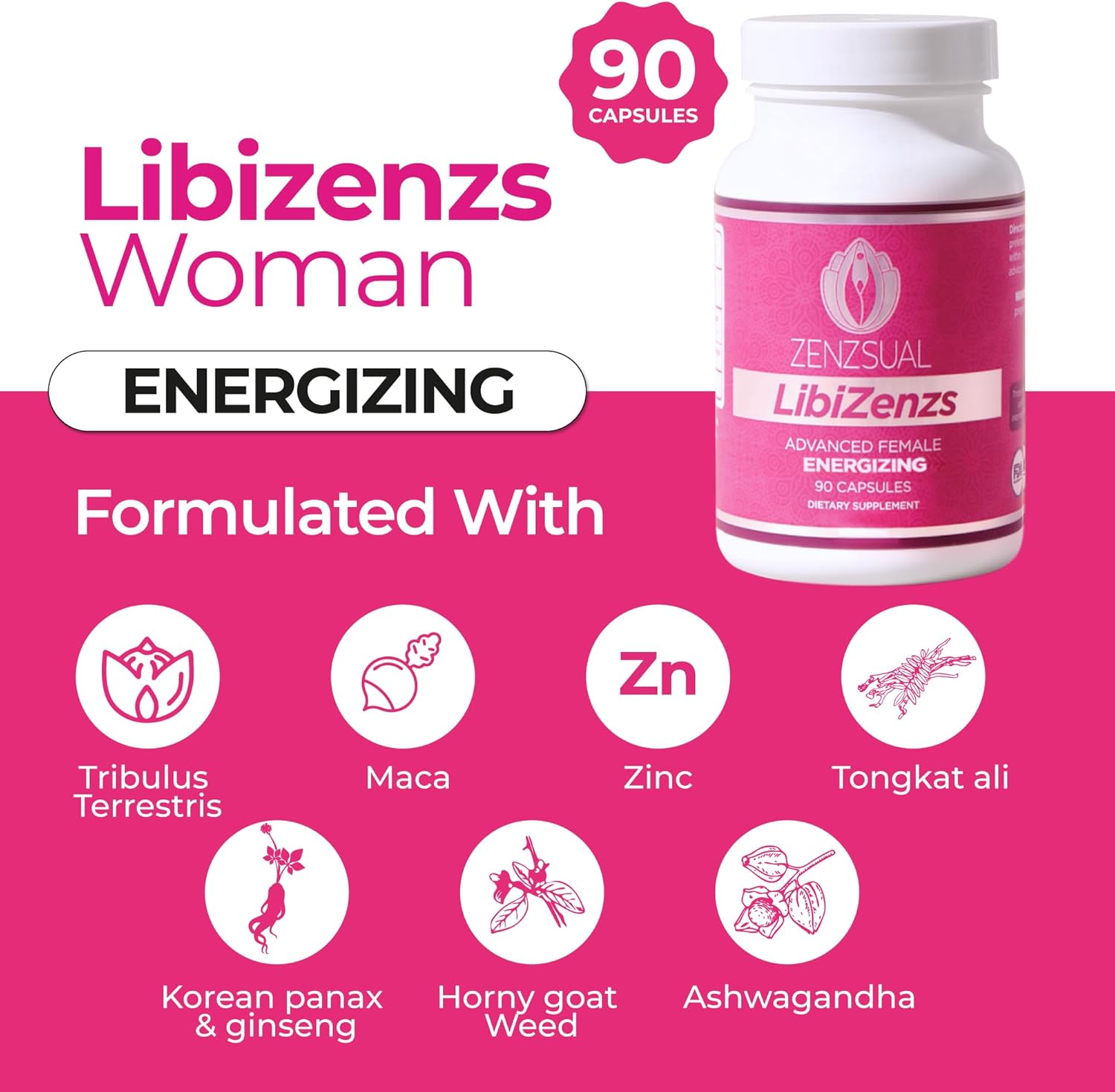 Natural Energy Supplement for Women - Caffeine-Free Blend of Ginseng, Maca Root, Ashwagandha - Enhances Energy, Focus, and Vitality - 90 Capsules