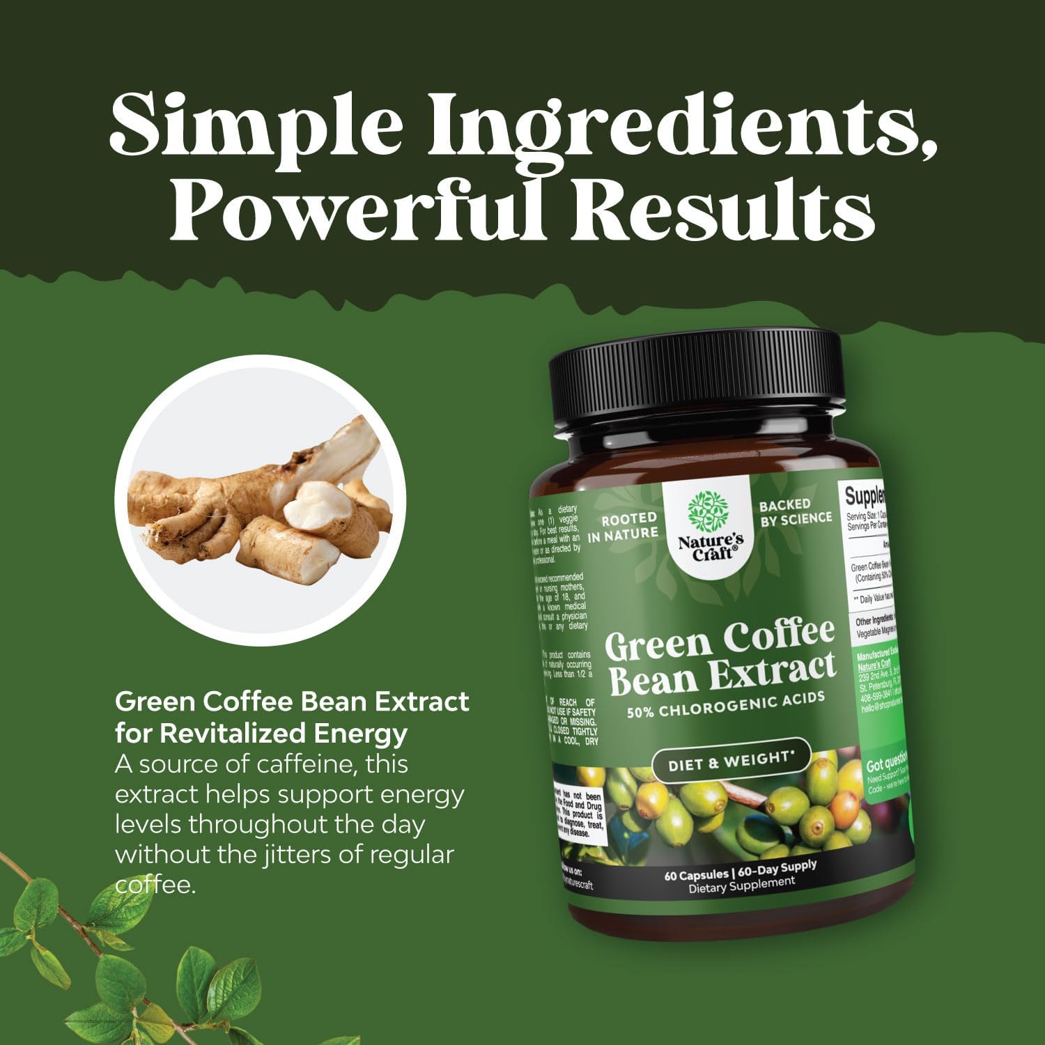 Natural Energy Supplement: Green Coffee Bean Extract with 50% Chlorogenic Acid for Heart Health, Mental Focus, and Size Reduction - Natures Craft