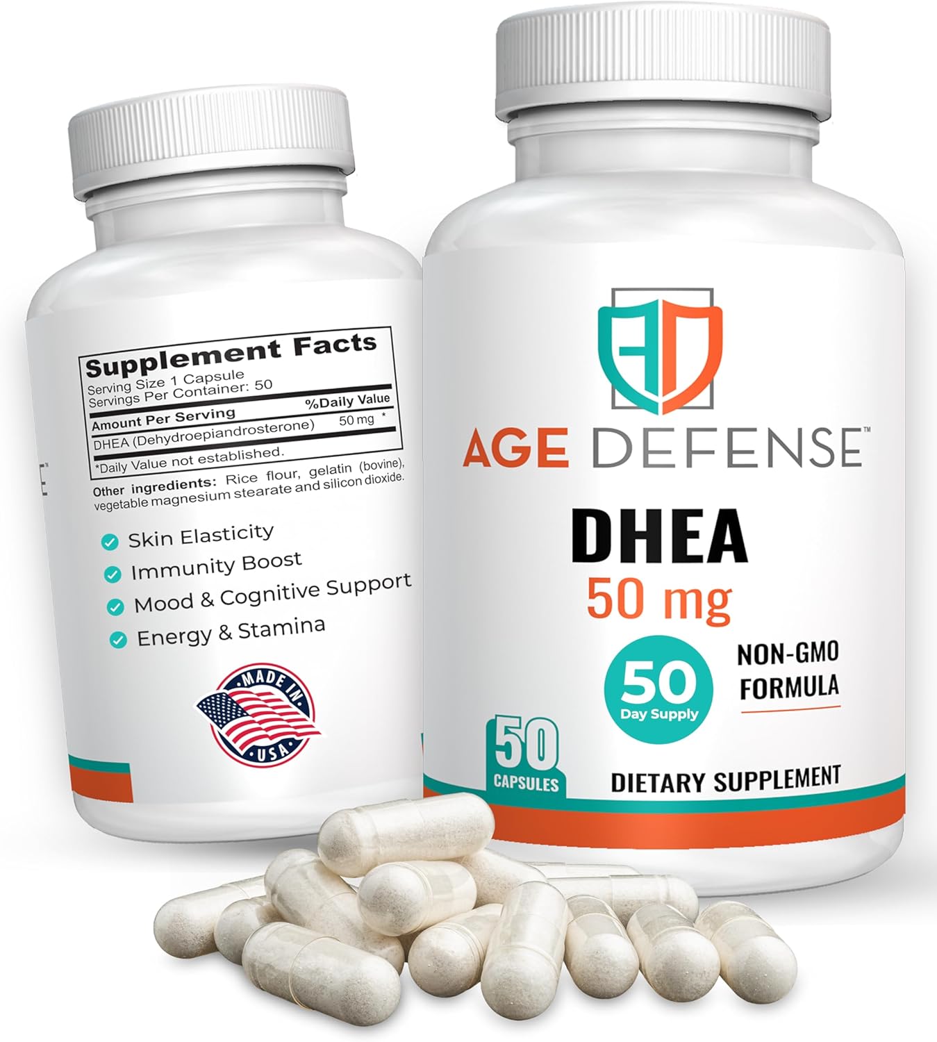 Natural Energy Support & Immune Booster - DHEA Supplements 50mg - Age Defense Capsules for Vitality, Skin Elasticity, Wellness - Men & Women's DHEA Supplement