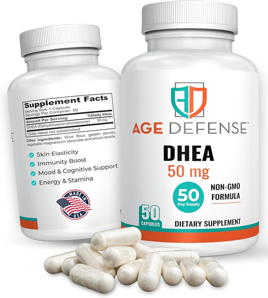 Natural Energy Support & Immune Booster - DHEA Supplements 50mg - Age Defense Capsules for Vitality, Skin Elasticity, Wellness - Men & Women's DHEA Supplement
