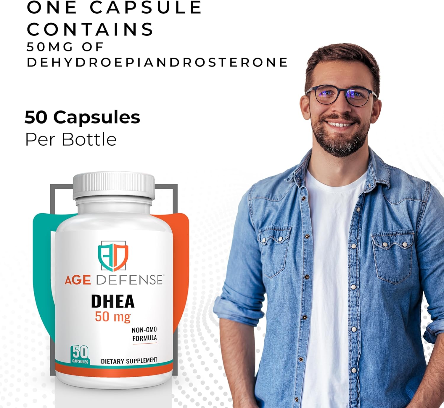 Natural Energy Support & Immune Booster - DHEA Supplements 50mg - Age Defense Capsules for Vitality, Skin Elasticity, Wellness - Men & Women's DHEA Supplement