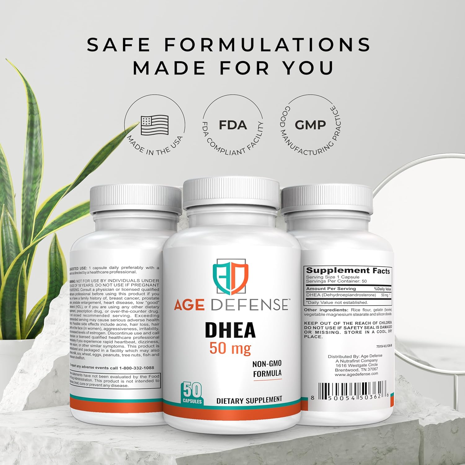 Natural Energy Support & Immune Booster - DHEA Supplements 50mg - Age Defense Capsules for Vitality, Skin Elasticity, Wellness - Men & Women's DHEA Supplement