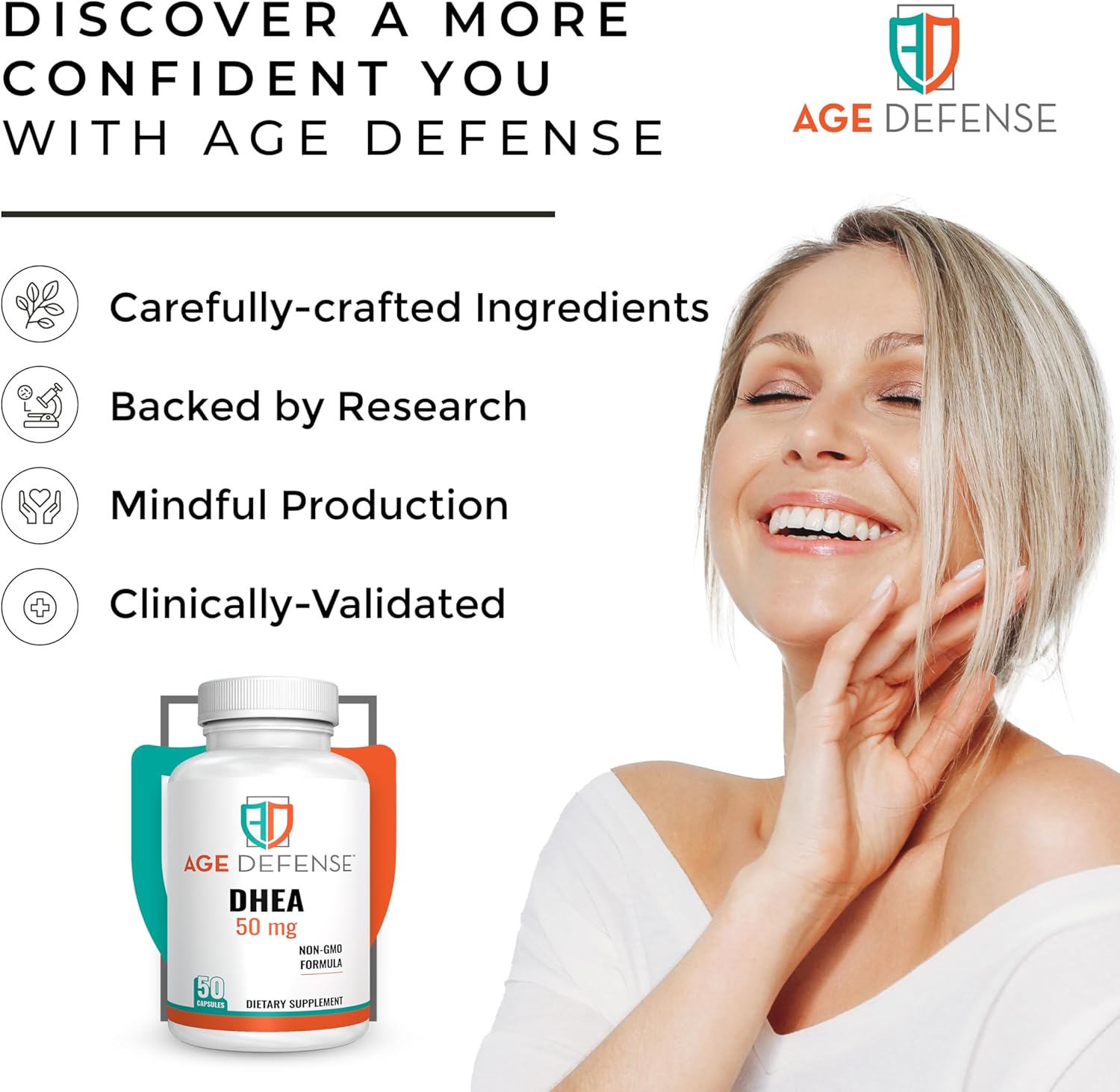 Natural Energy Support & Immune Booster - DHEA Supplements 50mg - Age Defense Capsules for Vitality, Skin Elasticity, Wellness - Men & Women's DHEA Supplement