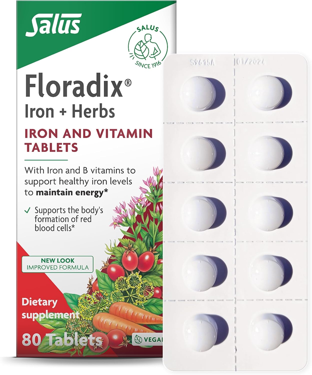 Natural Energy Support Supplement with Iron, B Vitamins, and Vitamin C - Non-GMO, Vegetarian, and Lactose-Free - 80 Tablets