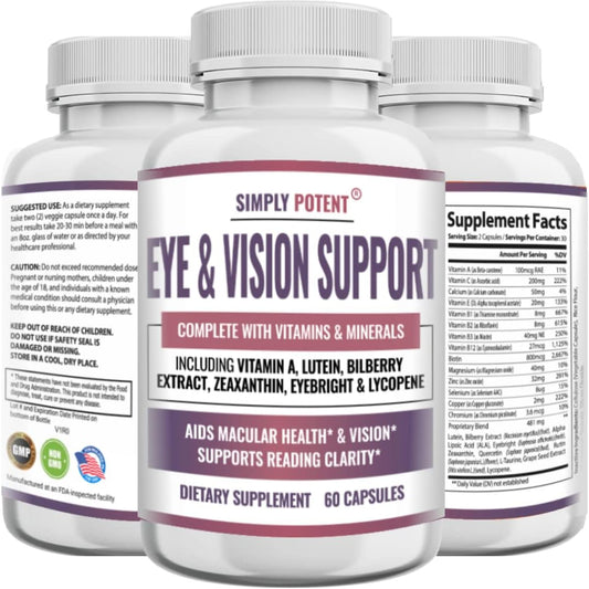 Natural Eye Health Supplement for Adults with Lutein, Zeaxanthin, Bilberry Extract, Eyebright, and Lycopene - 60 Capsules
