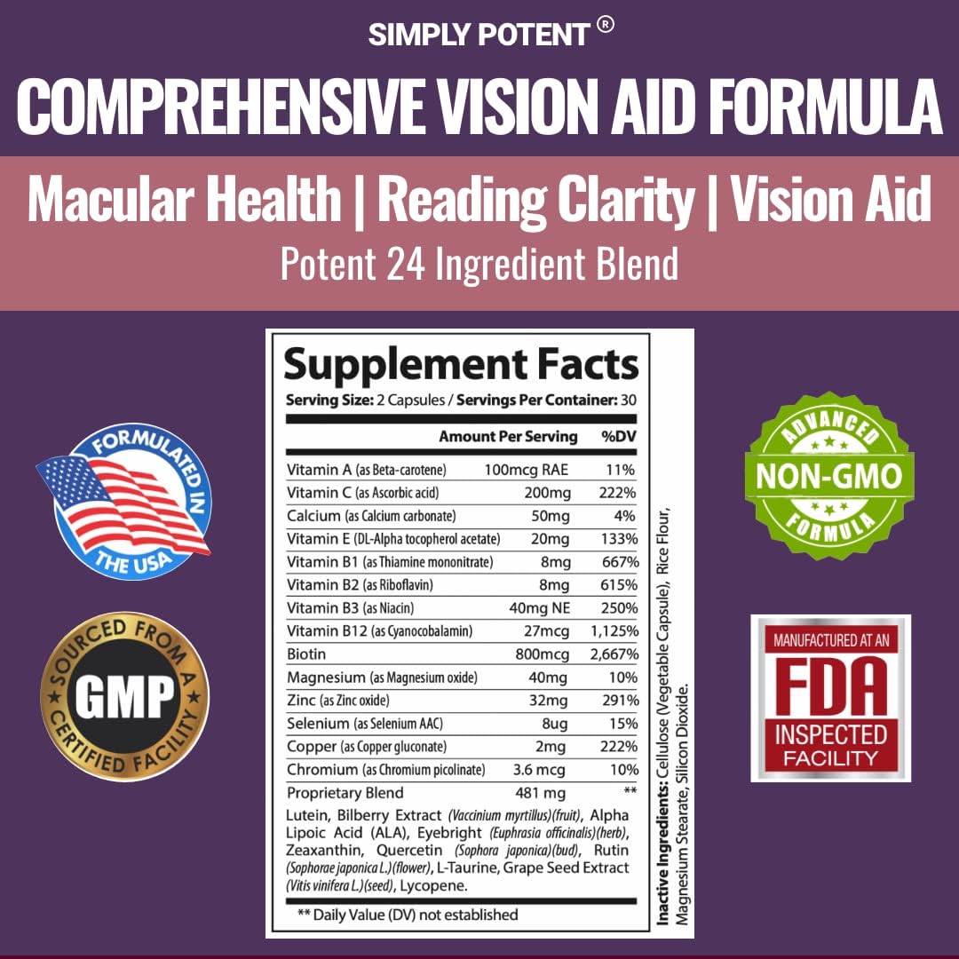 Natural Eye Health Supplement for Adults with Lutein, Zeaxanthin, Bilberry Extract, Eyebright, and Lycopene - 60 Capsules