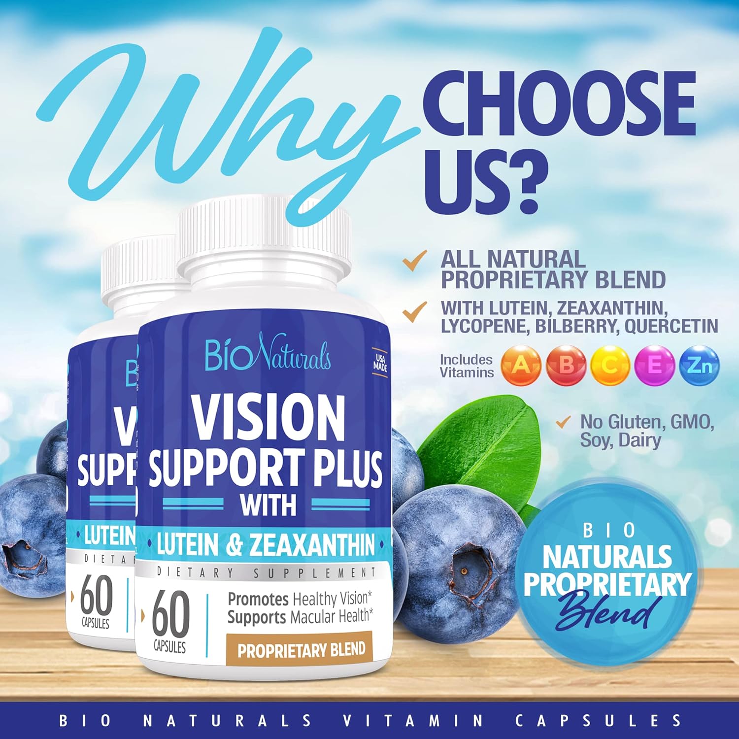 Natural Eye Vitamin Supplement with Lutein, Zeaxanthin, Lycopene, Bilberry, Quercetin - Supports Vision & Macular Health - 60 Capsules