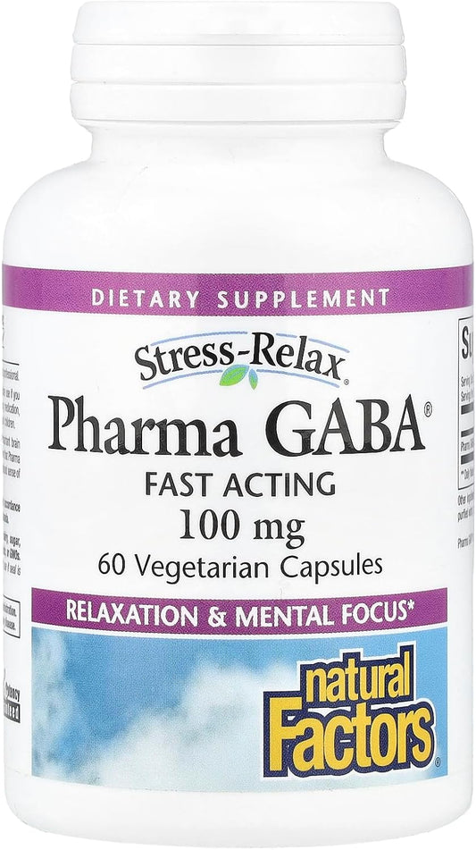 Natural Factors Stress-Relax Pharma GABA 100 mg - Non-Drowsy Stress Support for Relaxation and Mental Focus - 60 Vegetarian Capsules