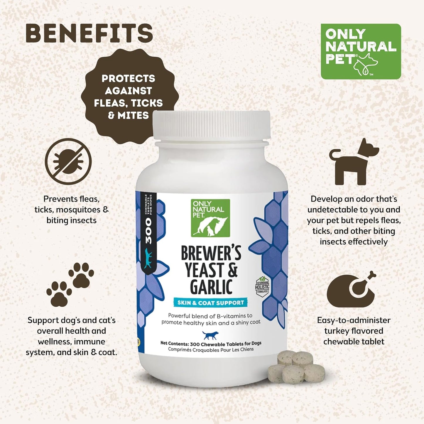 Natural Flea & Tick Prevention Chewables for Dogs - Brewer's Yeast & Garlic - Fortified with B Vitamins - Healthy Skin & Coat - 300 Count Tablet