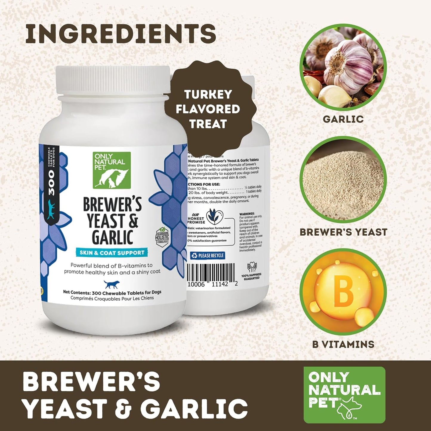 Natural Flea & Tick Prevention Chewables for Dogs - Brewer's Yeast & Garlic - Fortified with B Vitamins - Healthy Skin & Coat - 300 Count Tablet