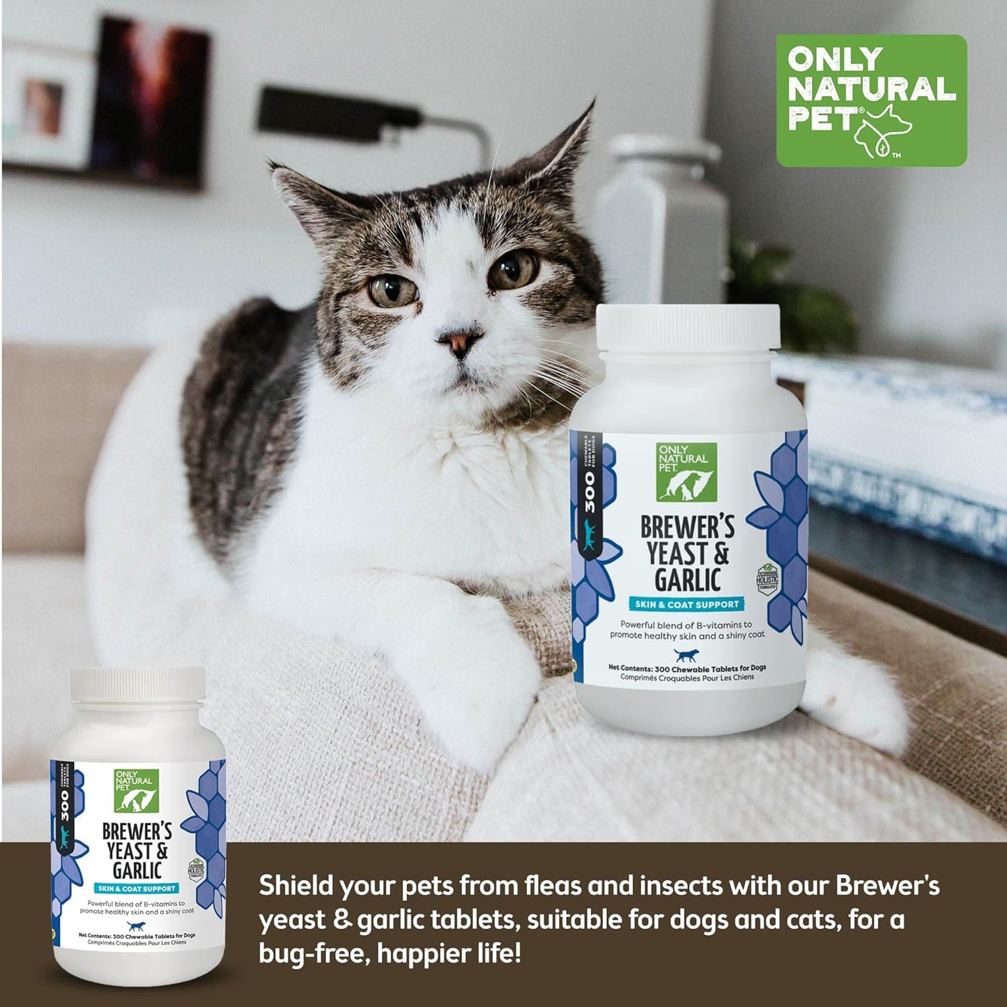 Natural Flea & Tick Prevention Chewables for Dogs - Brewer's Yeast & Garlic - Fortified with B Vitamins - Healthy Skin & Coat - 300 Count Tablet