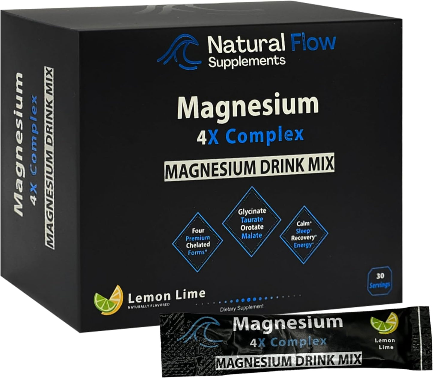 Natural Flow Lemon/Lime Magnesium Powder Drink Mix - 4X Magnesium Glycinate, Taurate, Malate, Orotate Supplement for Calm Sleep and Cramp Support - 30 Stick Packs