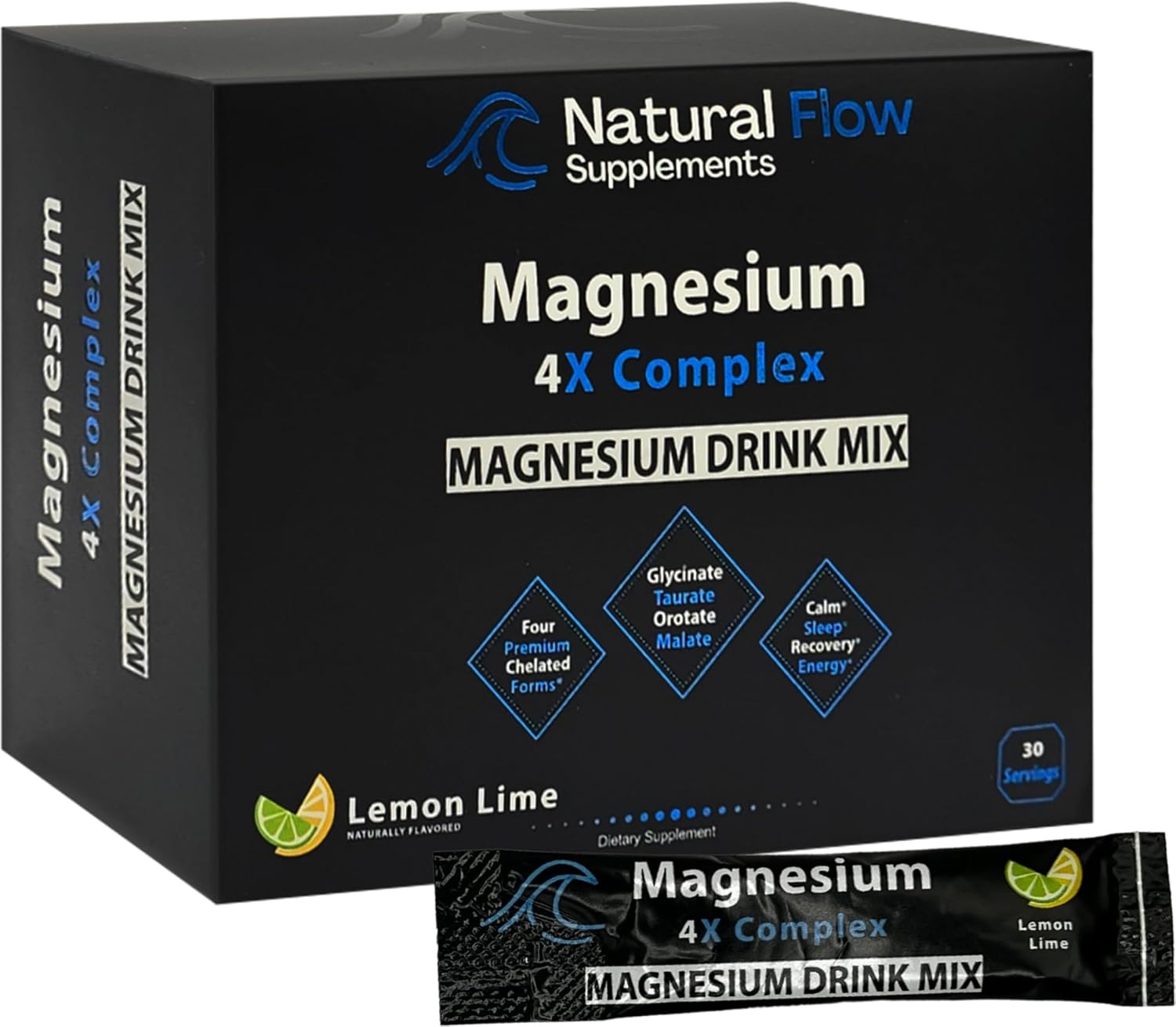 Natural Flow Lemon/Lime Magnesium Powder Drink Mix - 4X Magnesium Glycinate, Taurate, Malate, Orotate Supplement for Calm Sleep and Cramp Support - 30 Stick Packs