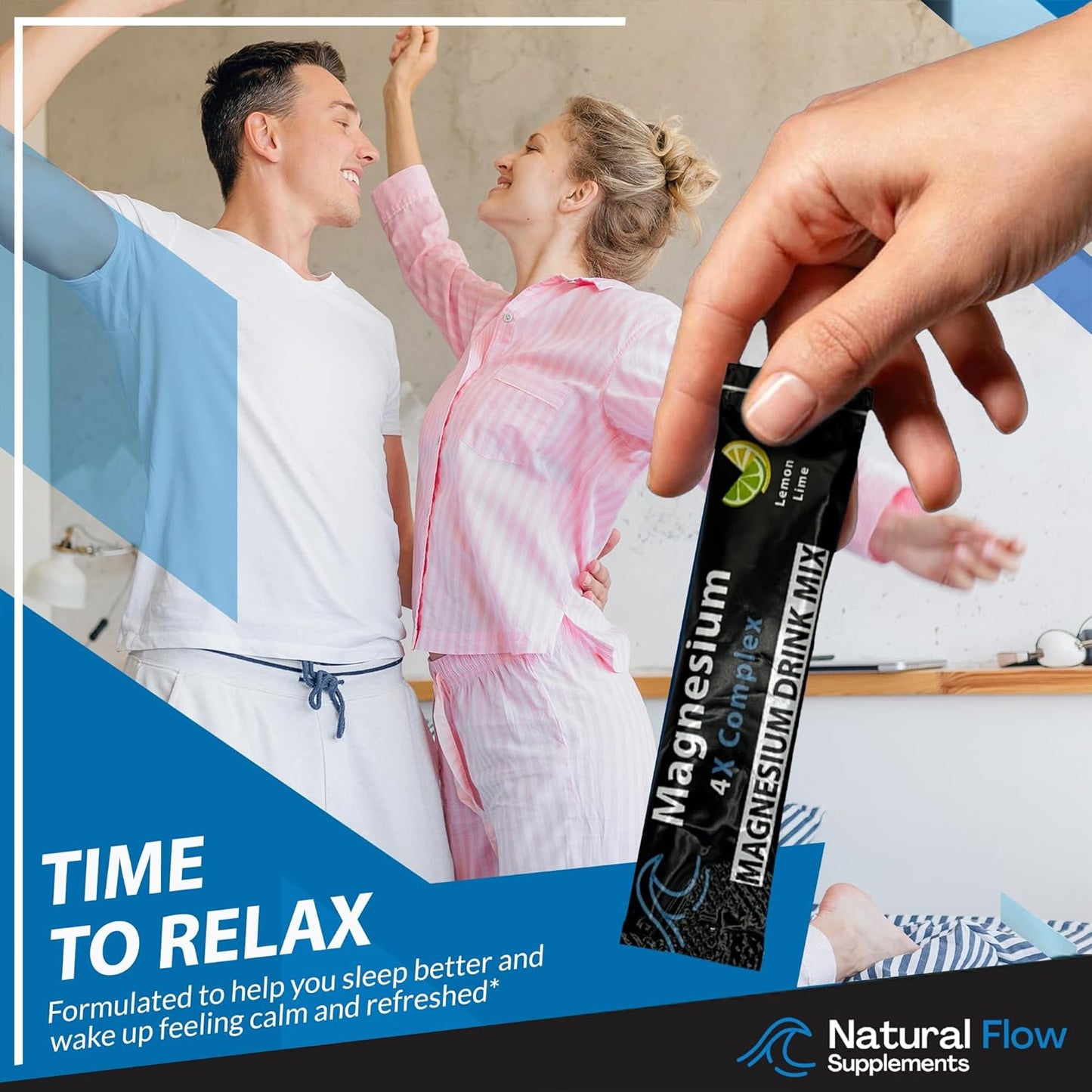 Natural Flow Lemon/Lime Magnesium Powder Drink Mix - 4X Magnesium Glycinate, Taurate, Malate, Orotate Supplement for Calm Sleep and Cramp Support - 30 Stick Packs