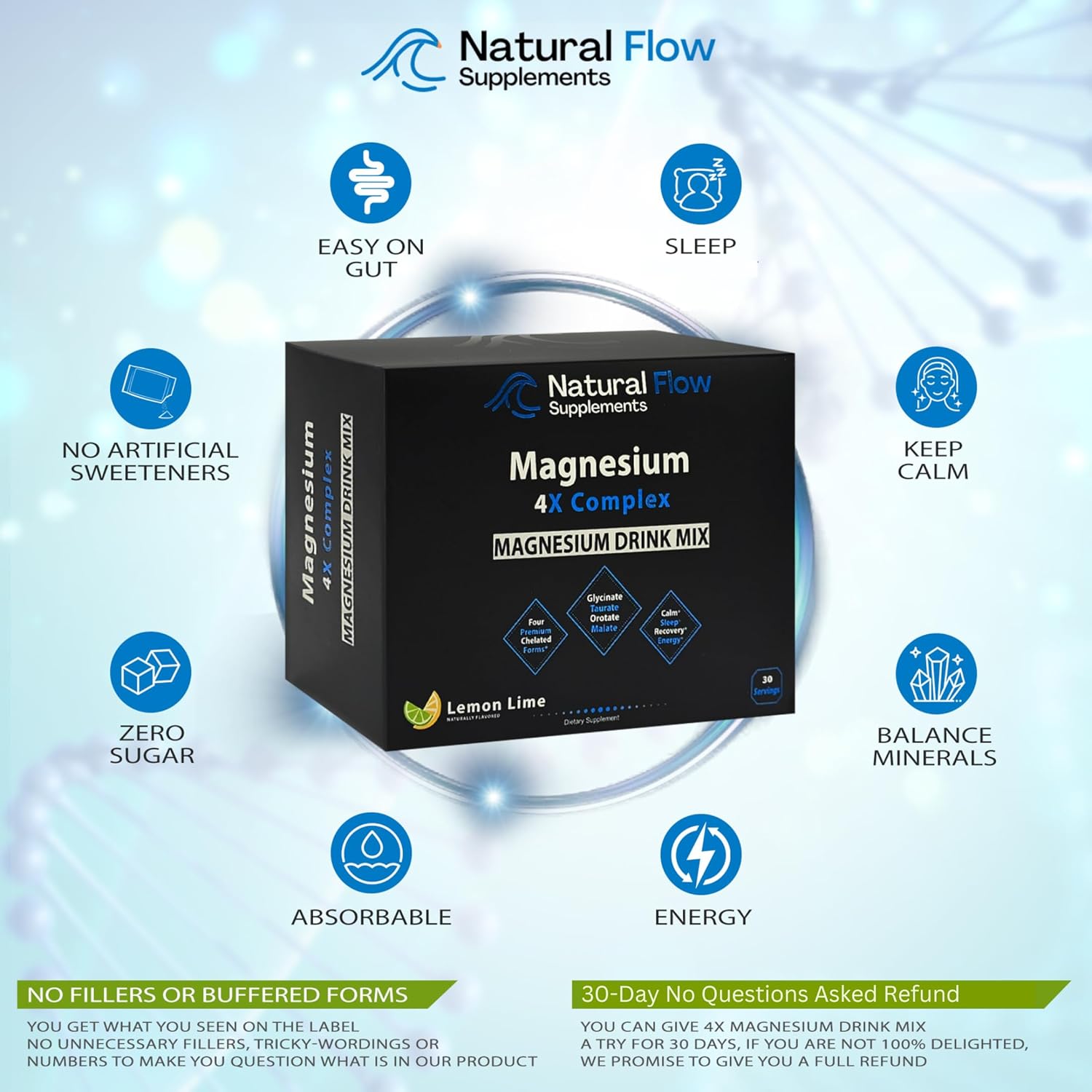 Natural Flow Lemon/Lime Magnesium Powder Drink Mix - 4X Magnesium Glycinate, Taurate, Malate, Orotate Supplement for Calm Sleep and Cramp Support - 30 Stick Packs