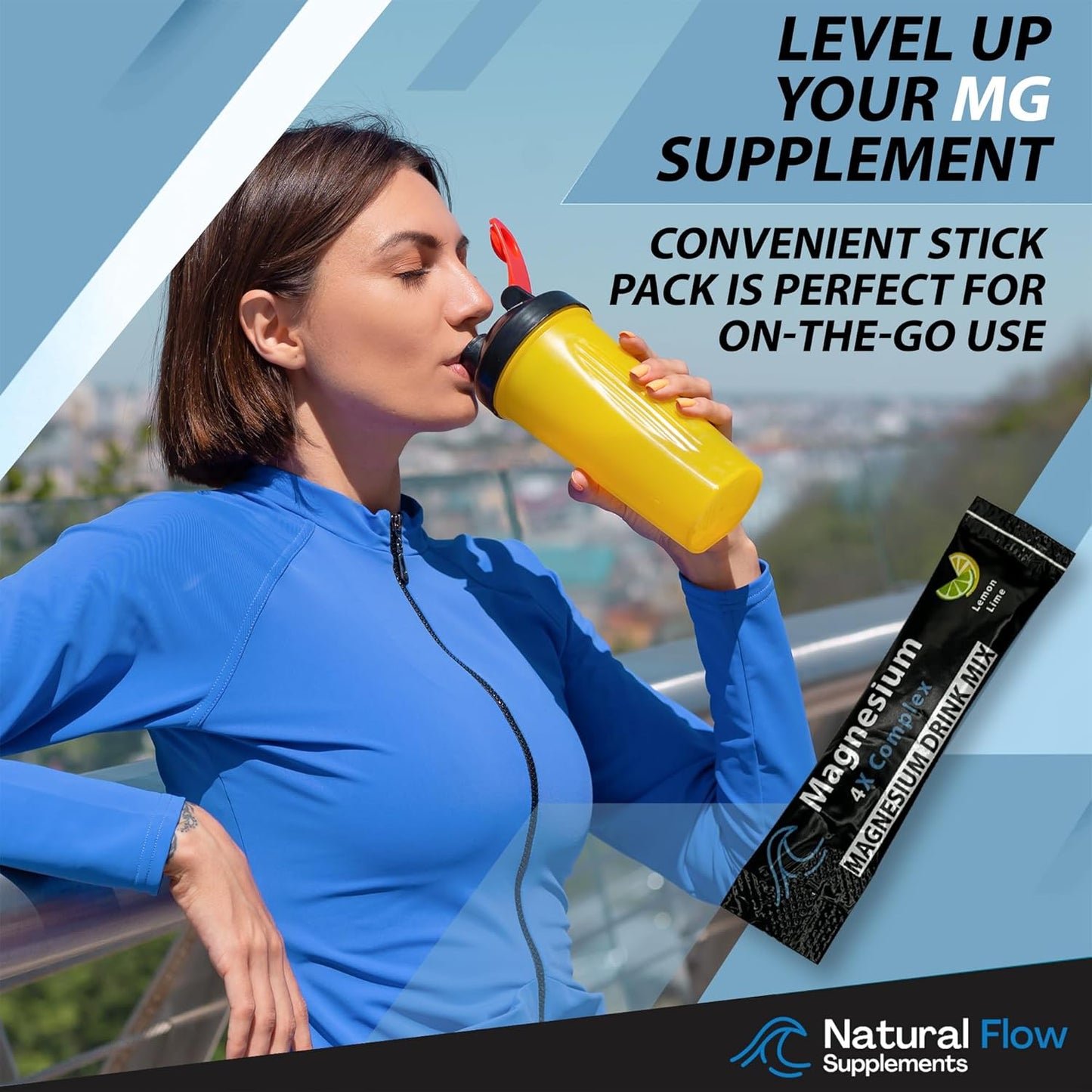Natural Flow Lemon/Lime Magnesium Powder Drink Mix - 4X Magnesium Glycinate, Taurate, Malate, Orotate Supplement for Calm Sleep and Cramp Support - 30 Stick Packs