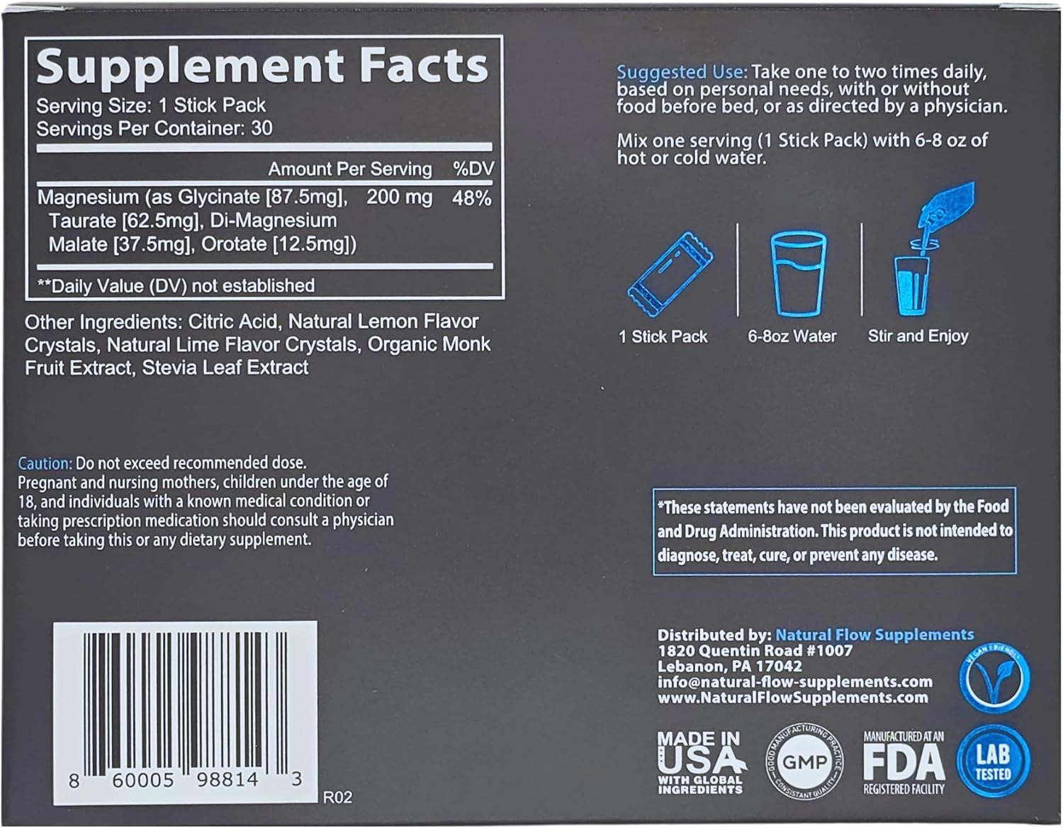 Natural Flow Lemon/Lime Magnesium Powder Drink Mix - 4X Magnesium Glycinate, Taurate, Malate, Orotate Supplement for Calm Sleep and Cramp Support - 30 Stick Packs