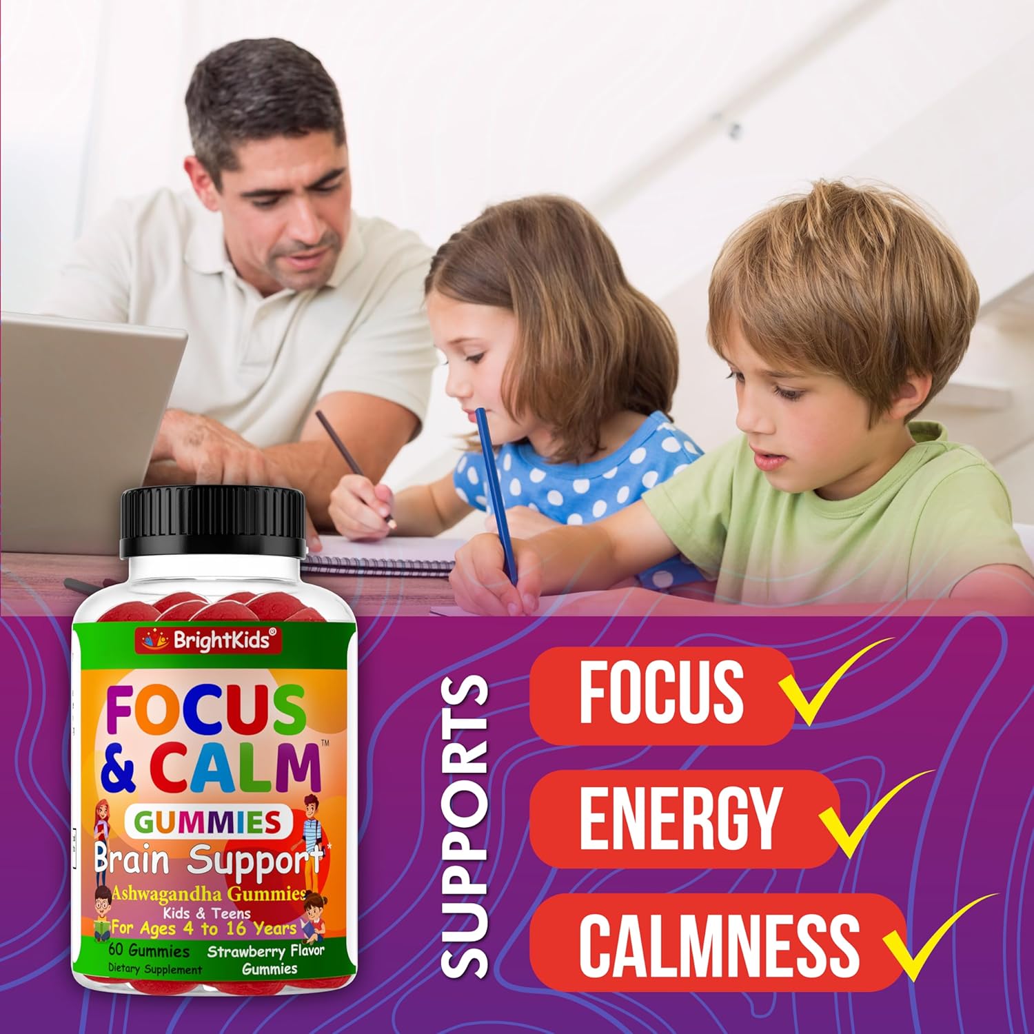 Natural Focus and Calm Gummies for Kids with Ashwagandha Extract - Supports Concentration, Rest, Mood, Energy, and Relaxation - 60ct