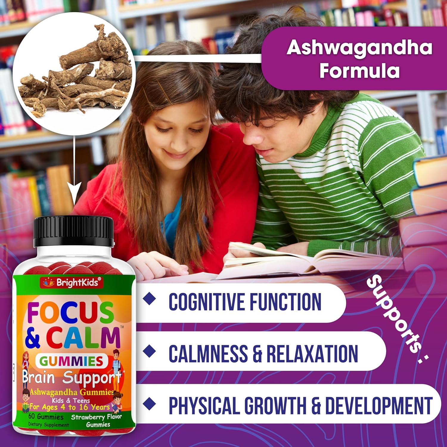 Natural Focus and Calm Gummies for Kids with Ashwagandha Extract - Supports Concentration, Rest, Mood, Energy, and Relaxation - 60ct