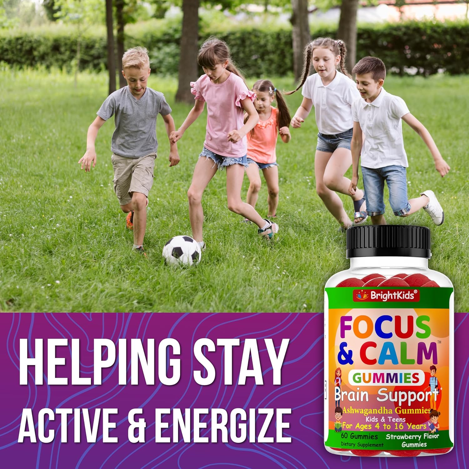 Natural Focus and Calm Gummies for Kids with Ashwagandha Extract - Supports Concentration, Rest, Mood, Energy, and Relaxation - 60ct