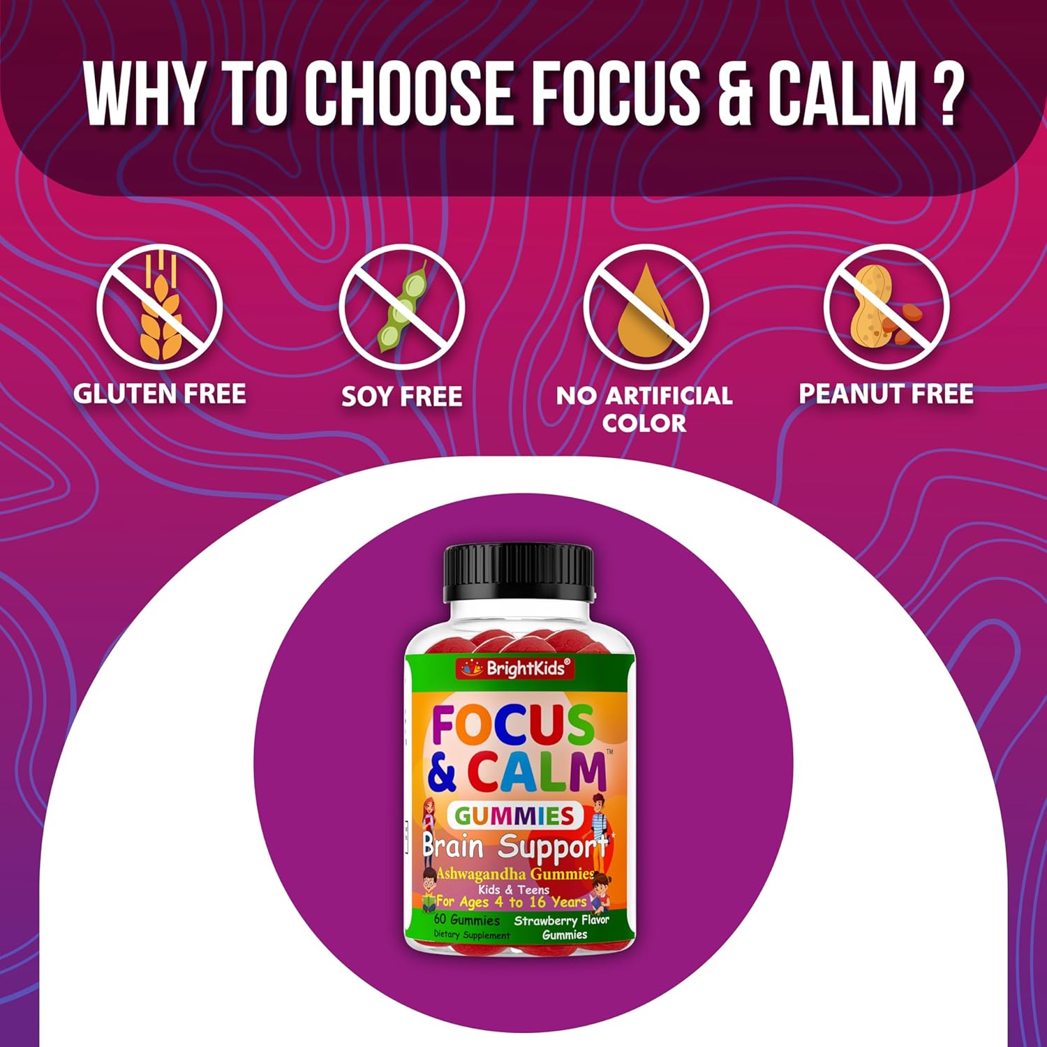 Natural Focus and Calm Gummies for Kids with Ashwagandha Extract - Supports Concentration, Rest, Mood, Energy, and Relaxation - 60ct