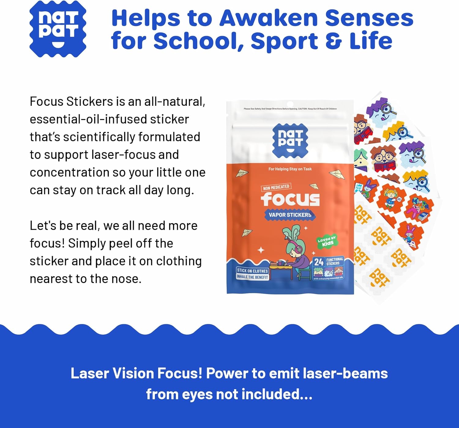 Natural Focus Patches for Kids and Adults - 24 Count - Supports Attention, Focus, Concentration - Chemical-Free Brain Boost - BuzzPatch Focus Stickers