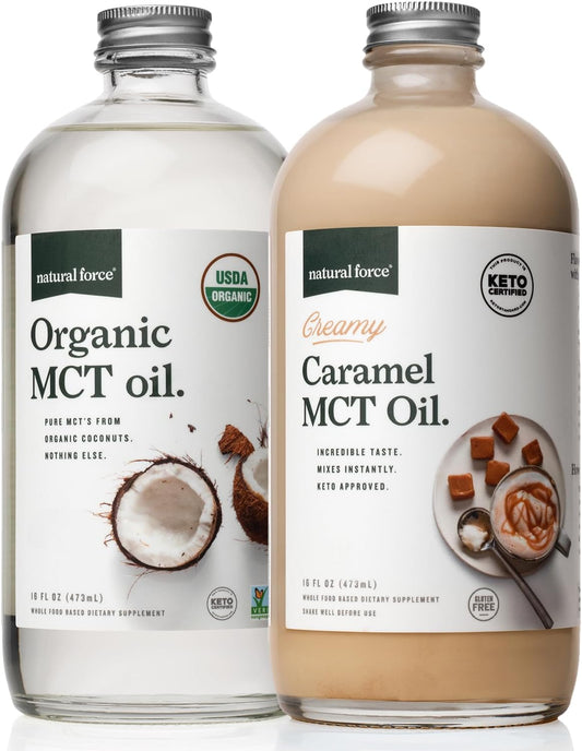 Natural Force Creamy Caramel MCT Oil + Organic Full Spectrum MCT Oil – Gluten-Free, Non GMO, 100% Pure Coconut MCTs from Organic Coconuts – Keto, Paleo, and Vegan – 2x 16 Ounce Glass Bottles