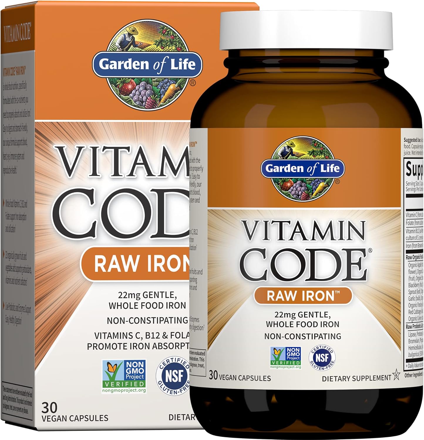 Natural Garden of Life Raw Iron Capsules - 30 Count Bottle for Iron Deficiency Support