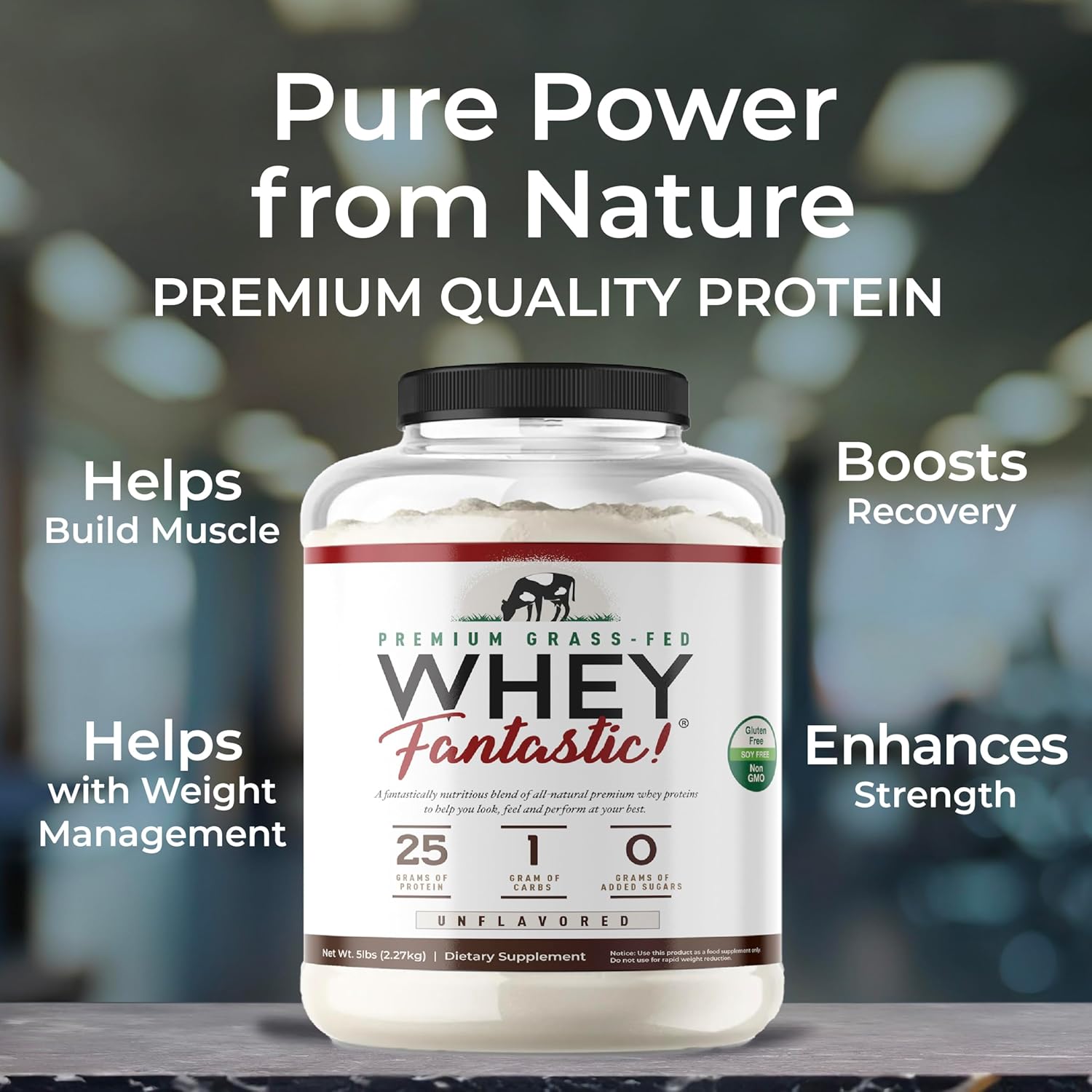 Natural Grass-Fed Whey Protein Powder - 3-Whey Blend - Unflavored - 5lb - 75 Servings