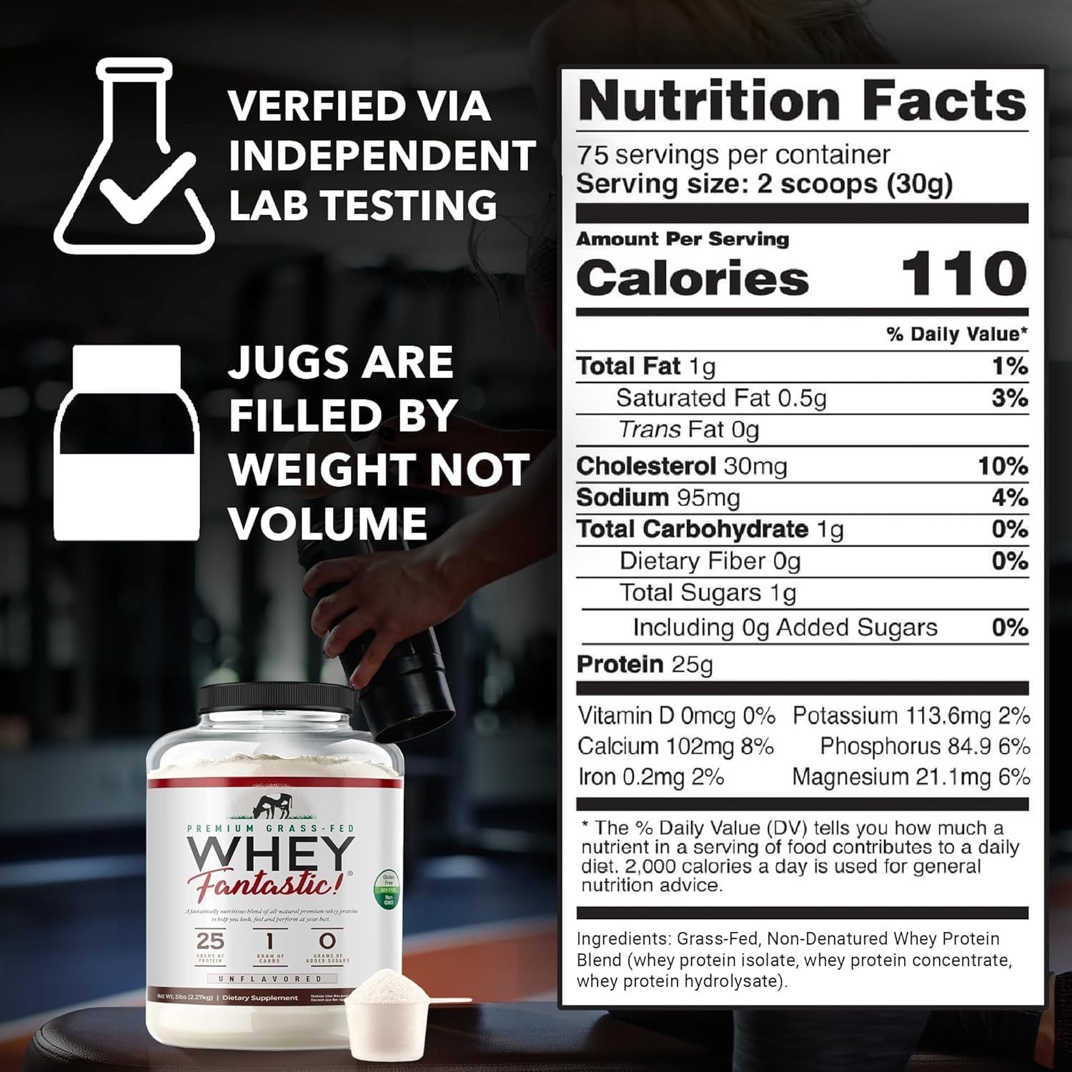 Natural Grass Fed Whey Protein Powder - Unflavored 3-Whey Blend with 25g Protein per Serving - 5lb, 75 Servings