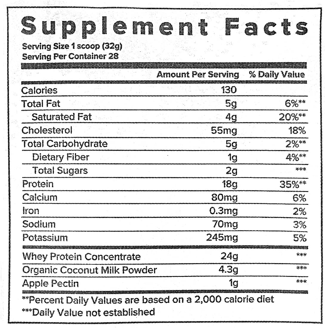 Natural Grass Fed Whey Protein Powder with MCTs & Fiber for Energy - Coconut Flavor (2lb Bag) | Soy & Gluten Free, No RBST, No Artificial Flavors