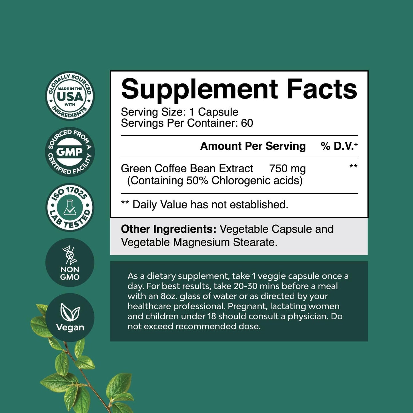 Natural Green Coffee Bean Extract: Herbal Fat Burners - Appetite Suppressant for Weight Loss - Boost Energy and Immunity - Men and Women Support