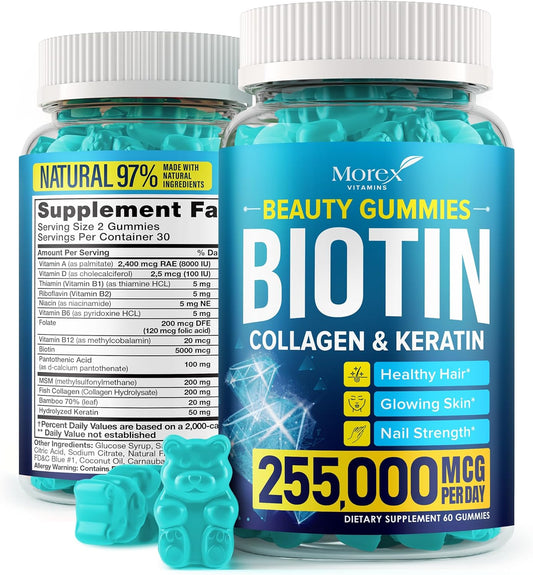 Natural Hair Growth Gummies with Biotin, Collagen & Keratin for Men & Women - Multivitamin for Hair, Skin & Nails - Anti Aging Hair Vitamins - 60 Gummies