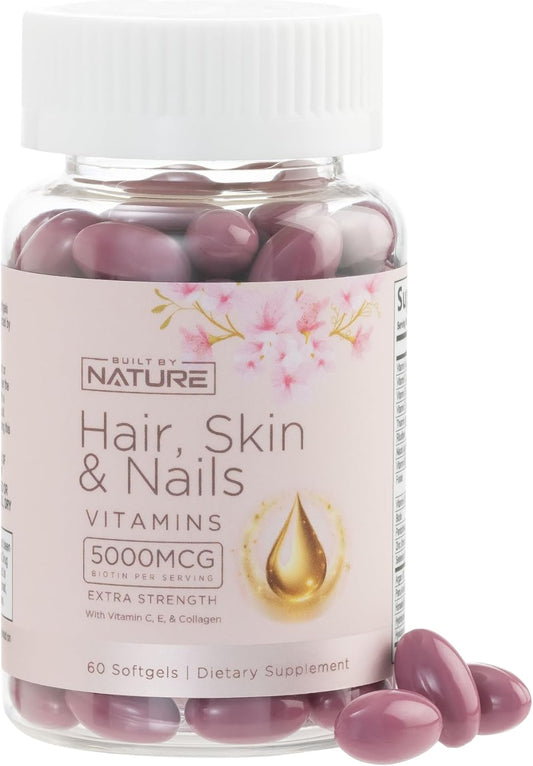 Natural Hair, Skin & Nails Vitamins - 5000mcg Biotin with Vitamin C, E, Collagen, Hyaluronic Acid, Argan & Coconut Oil - Women's Hair Growth & Skin Radiance Supplement - 60 Softgels