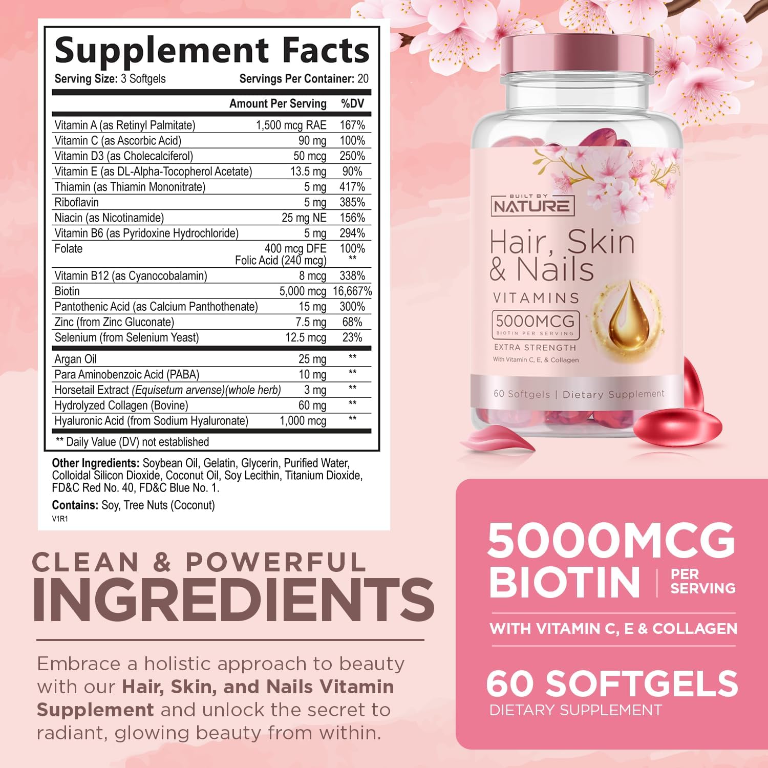 Natural Hair, Skin & Nails Vitamins - 5000mcg Biotin with Vitamin C, E, Collagen, Hyaluronic Acid, Argan & Coconut Oil - Women's Hair Growth & Skin Radiance Supplement - 60 Softgels