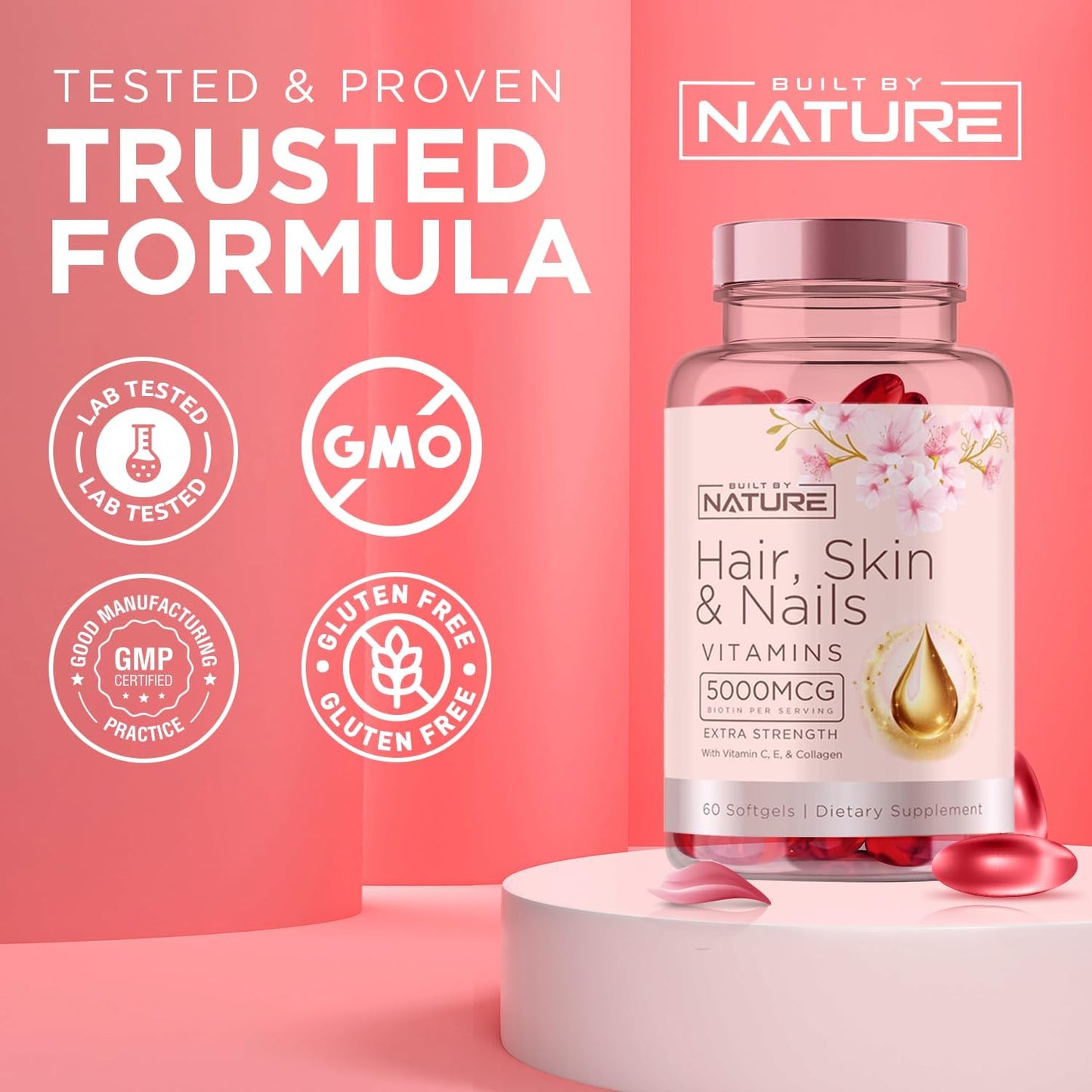 Natural Hair, Skin & Nails Vitamins - 5000mcg Biotin with Vitamin C, E, Collagen, Hyaluronic Acid, Argan & Coconut Oil - Women's Hair Growth & Skin Radiance Supplement - 60 Softgels