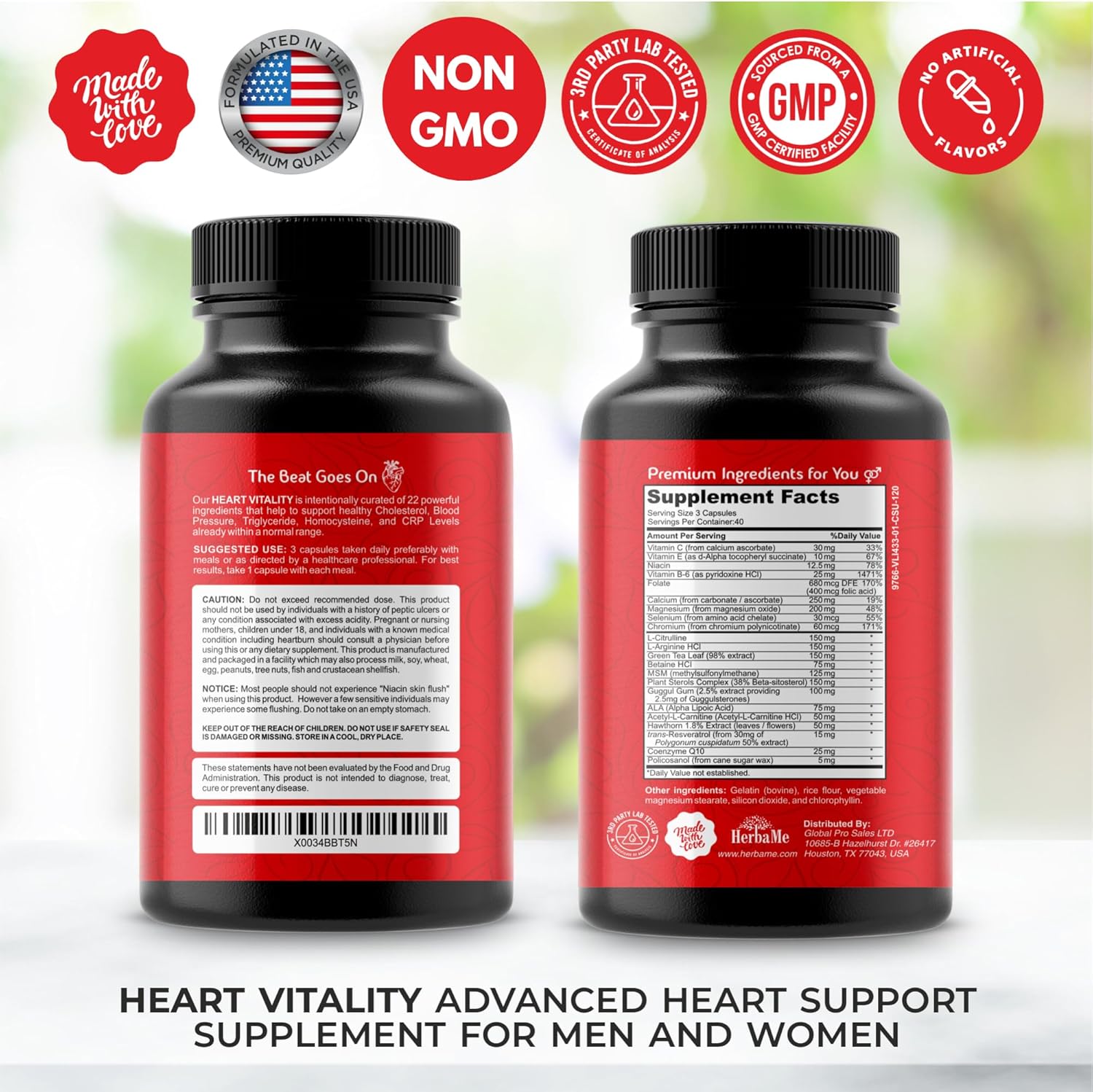 Natural Heart Health Supplement with 120 Capsules - Supports Cardiovascular Health, Healthy Cholesterol & Blood Pressure | Promotes Clean Arteries & Protects Against Homocysteine & CRP Levels